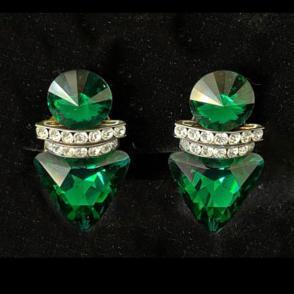 80's Emerald and Rhinestone Clip Earrings - Picture 1 of 2